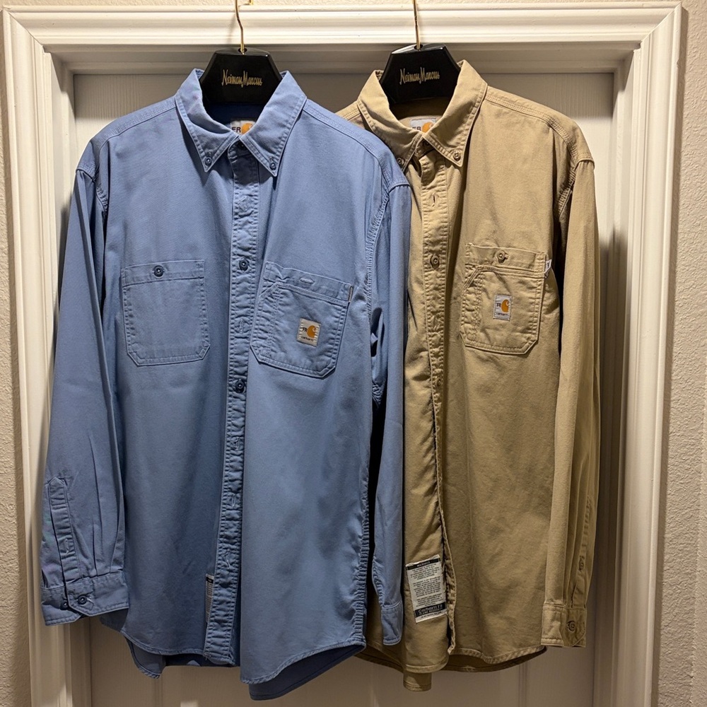 Carhartt FR Bundle / Lot of 2 Large Men's Blue & Tan Button Down Shirts